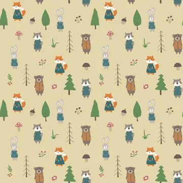 Cute animals Seamless pattern. Cartoon Animals in forest background. Vector i Stock Illustration