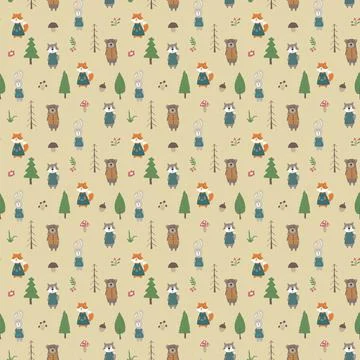 Cute animals Seamless pattern. Cartoon Animals in forest background. Vector i Illustrazione stock