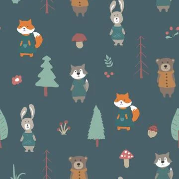Cute animals Seamless pattern. Cartoon Animals in forest background. Vector i Illustrazione stock