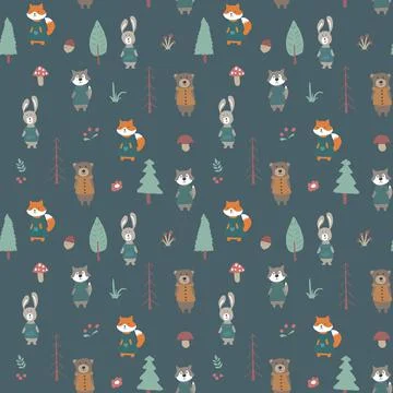 Cute animals Seamless pattern. Cartoon Animals in forest background. Vector i Stock Illustration