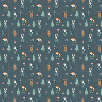Cute animals Seamless pattern. Cartoon Animals in forest background. Vector i Stock Illustration