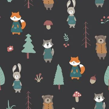 Cute animals Seamless pattern. Cartoon Animals in forest background. Vector i Stock Illustration