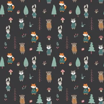 Cute animals Seamless pattern. Cartoon Animals in forest background. Vector i Stock Illustration