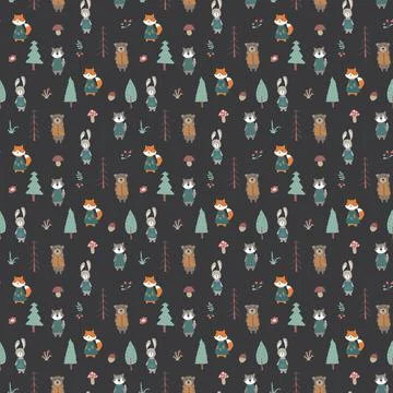 Cute animals Seamless pattern. Cartoon Animals in forest background. Vector i Stock Illustration
