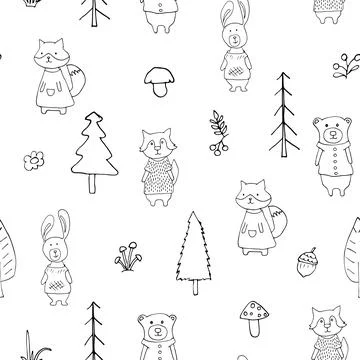 Cute animals Seamless pattern. Cartoon Animals in forest background. Vector i Stock Illustration