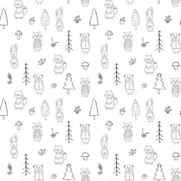 Cute animals Seamless pattern. Cartoon Animals in forest background. Vector i Stock Illustration