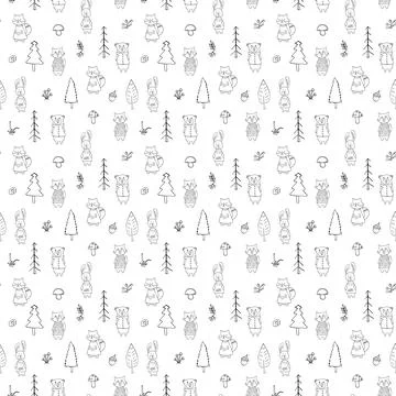 Cute animals Seamless pattern. Cartoon Animals in forest background. Vector i Stock Illustration