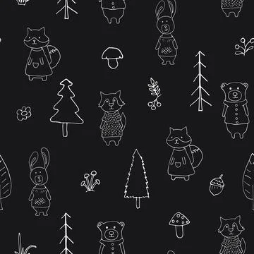 Cute animals Seamless pattern. Cartoon Animals in forest background. Vector i Stock Illustration