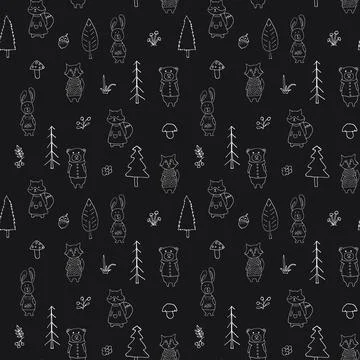 Cute animals Seamless pattern. Cartoon Animals in forest background. Vector i Stock Illustration