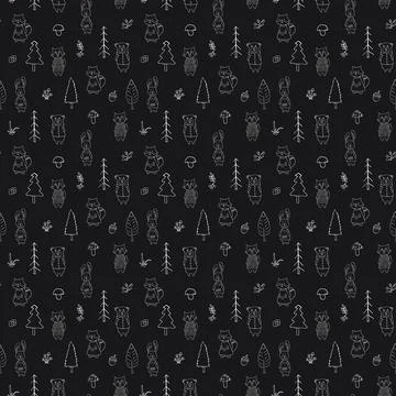 Cute animals Seamless pattern. Cartoon Animals in forest background. Vector i Stock Illustration