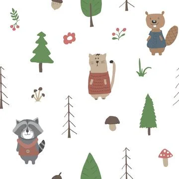 Cute animals Seamless pattern. Cartoon Animals in forest background. Vector i Illustrazione stock