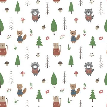 Cute animals Seamless pattern. Cartoon Animals in forest background. Vector i Stock Illustration