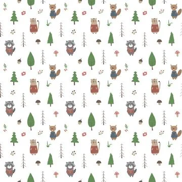 Cute animals Seamless pattern. Cartoon Animals in forest background. Vector i Stock Illustration
