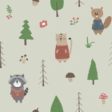Cute animals Seamless pattern. Cartoon Animals in forest background. Vector i Stock Illustration