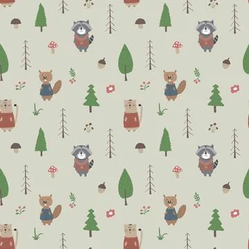 Cute animals Seamless pattern. Cartoon Animals in forest background. Vector i Stock Illustration