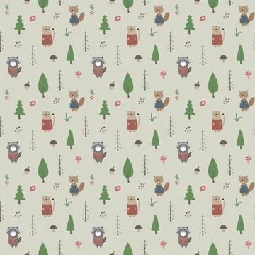 Cute animals Seamless pattern. Cartoon Animals in forest background. Vector i Stock Illustration