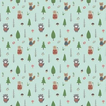 Cute animals Seamless pattern. Cartoon Animals in forest background. Vector i Stock Illustration