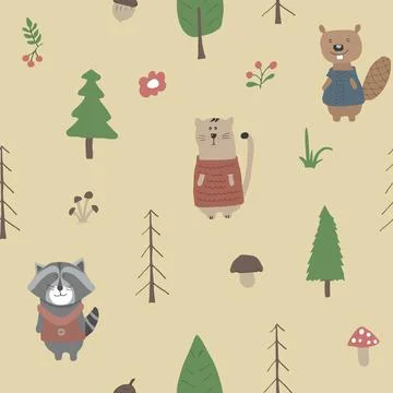 Cute animals Seamless pattern. Cartoon Animals in forest background. Vector i Stock Illustration