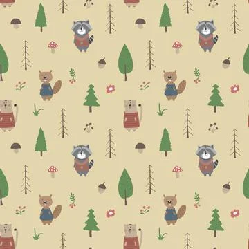 Cute animals Seamless pattern. Cartoon Animals in forest background. Vector i Stock Illustration