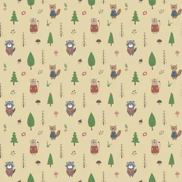 Cute animals Seamless pattern. Cartoon Animals in forest background. Vector i Stock Illustration