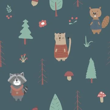 Cute animals Seamless pattern. Cartoon Animals in forest background. Vector i Stock Illustration