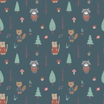 Cute animals Seamless pattern. Cartoon Animals in forest background. Vector i Stock Illustration