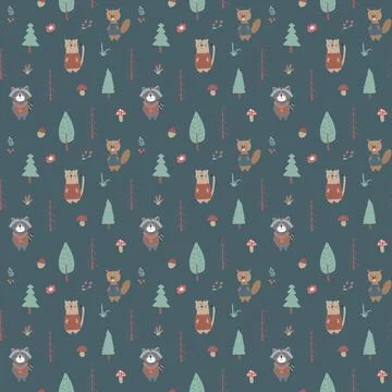 Cute animals Seamless pattern. Cartoon Animals in forest background. Vector i Stock Illustration