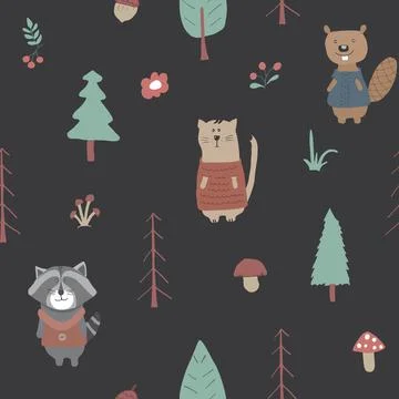 Cute animals Seamless pattern. Cartoon Animals in forest background. Vector i 스톡 일러스트
