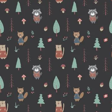 Cute animals Seamless pattern. Cartoon Animals in forest background. Vector i Stock Illustration