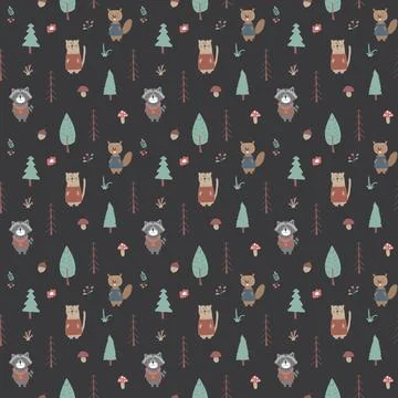 Cute animals Seamless pattern. Cartoon Animals in forest background. Vector i Stock Illustration