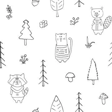 Cute animals Seamless pattern. Cartoon Animals in forest background. Vector i Stock Illustration
