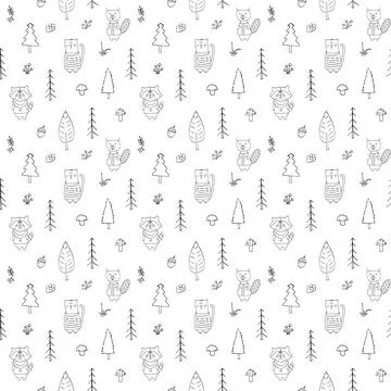 Cute animals Seamless pattern. Cartoon Animals in forest background. Vector i Stock Illustration