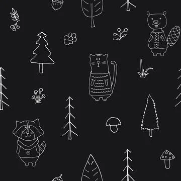 Cute animals Seamless pattern. Cartoon Animals in forest background. Vector i Stock Illustration