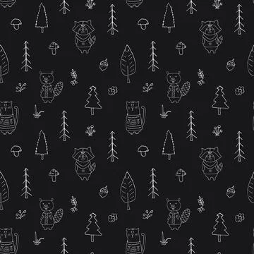 Cute animals Seamless pattern. Cartoon Animals in forest background. Vector i Stock Illustration
