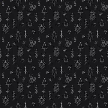 Cute animals Seamless pattern. Cartoon Animals in forest background. Vector i Illustrazione stock