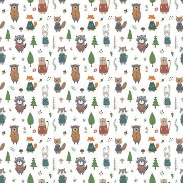 Cute animals Seamless pattern. Cartoon Animals in forest background. Vector Illustrazione stock