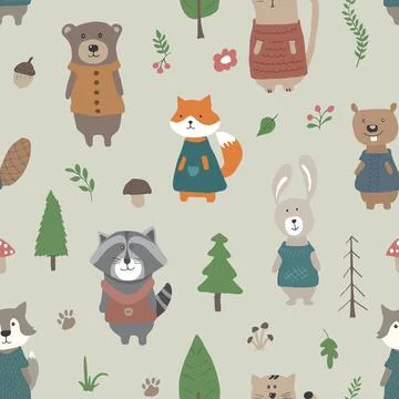Cute animals Seamless pattern. Cartoon Animals in forest background. Vector i Illustrazione stock