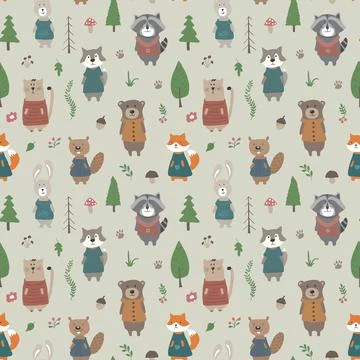 Cute animals Seamless pattern. Cartoon Animals in forest background. Vector i Illustrazione stock