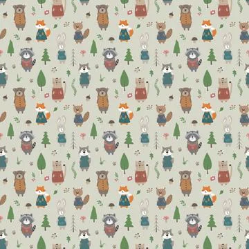 Cute animals Seamless pattern. Cartoon Animals in forest background. Vector i Illustrazione stock