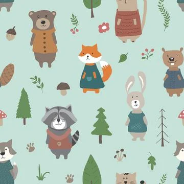 Cute animals Seamless pattern. Cartoon Animals in forest background. Vector i Stock Illustration