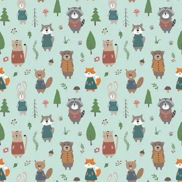 Cute animals Seamless pattern. Cartoon Animals in forest background. Vector i Illustrazione stock