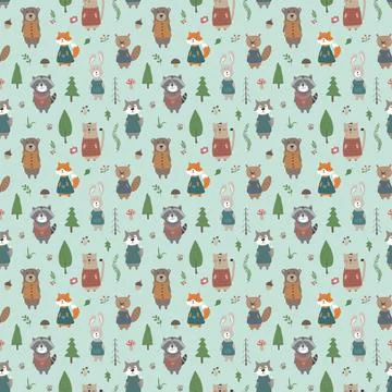 Cute animals Seamless pattern. Cartoon Animals in forest background. Vector i Stock Illustration