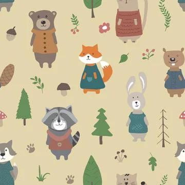 Cute animals Seamless pattern. Cartoon Animals in forest background. Vector i Stock Illustration