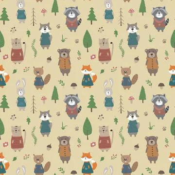 Cute animals Seamless pattern. Cartoon Animals in forest background. Vector i Illustrazione stock