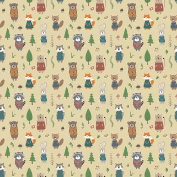 Cute animals Seamless pattern. Cartoon Animals in forest background. Vector i イラスト素材