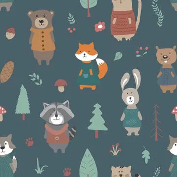 Cute animals Seamless pattern. Cartoon Animals in forest background. Vector i Stock Illustration