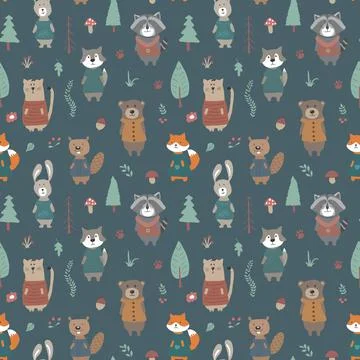 Cute animals Seamless pattern. Cartoon Animals in forest background. Vector i Stock Illustration