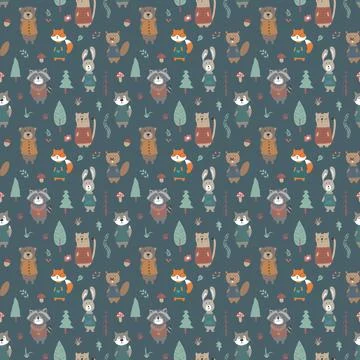 Cute animals Seamless pattern. Cartoon Animals in forest background. Vector i Stock Illustration