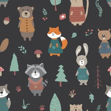 Cute animals Seamless pattern. Cartoon Animals in forest background. Vector i Stock Illustration