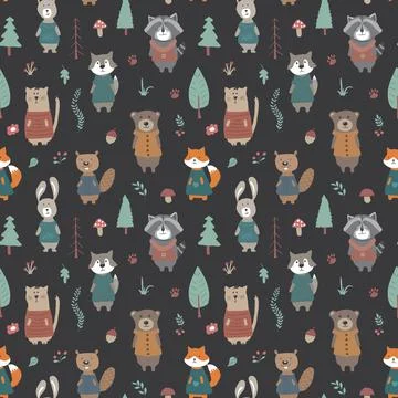 Cute animals Seamless pattern. Cartoon Animals in forest background. Vector i Stock Illustration